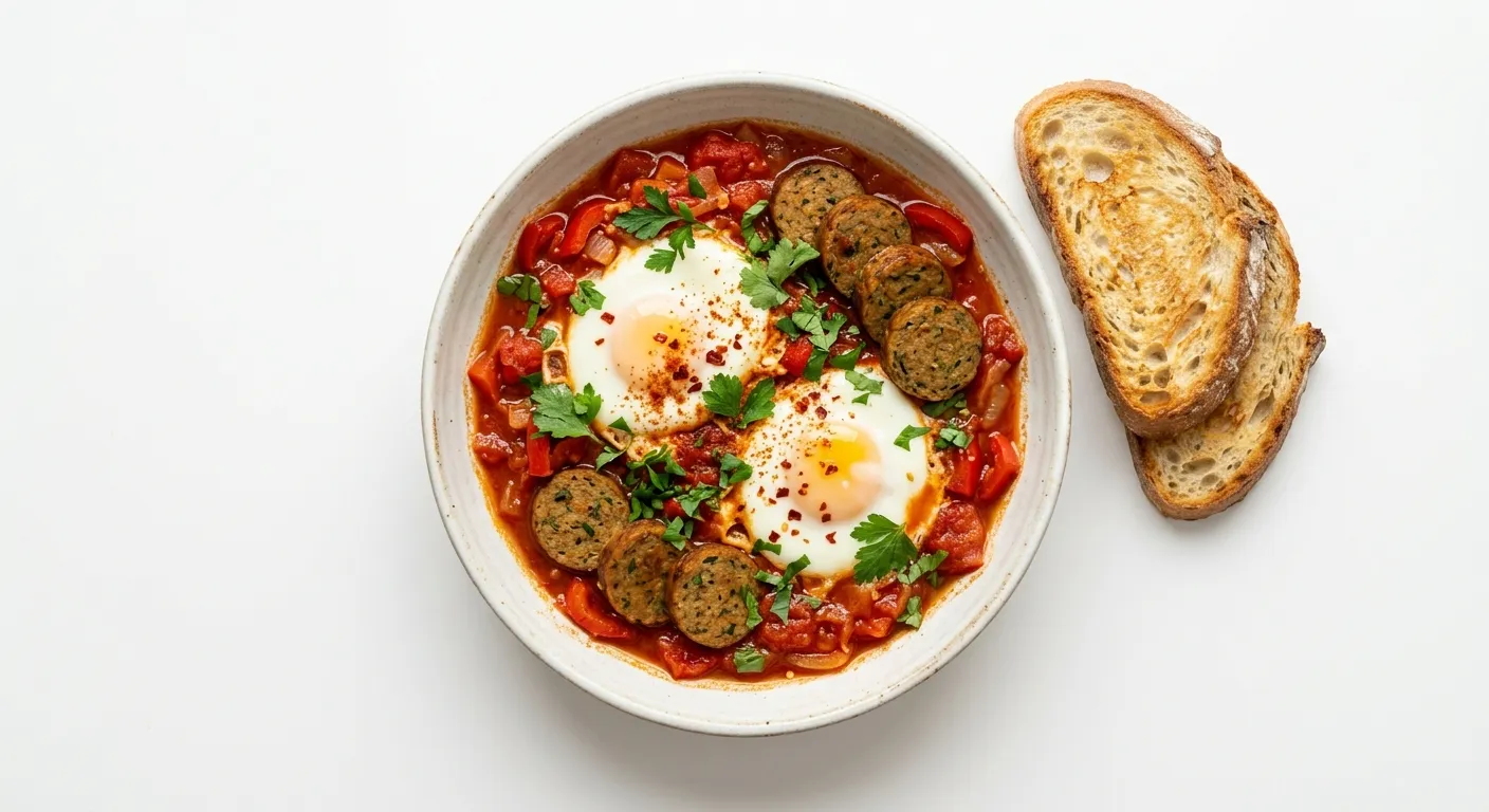 Mediterranean Breakfast Shakshuka with Vegetarian Sausage