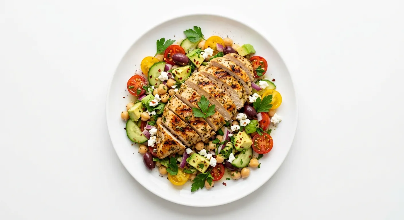 Mediterranean Chickpea and Avocado Salad with Grilled Chicken