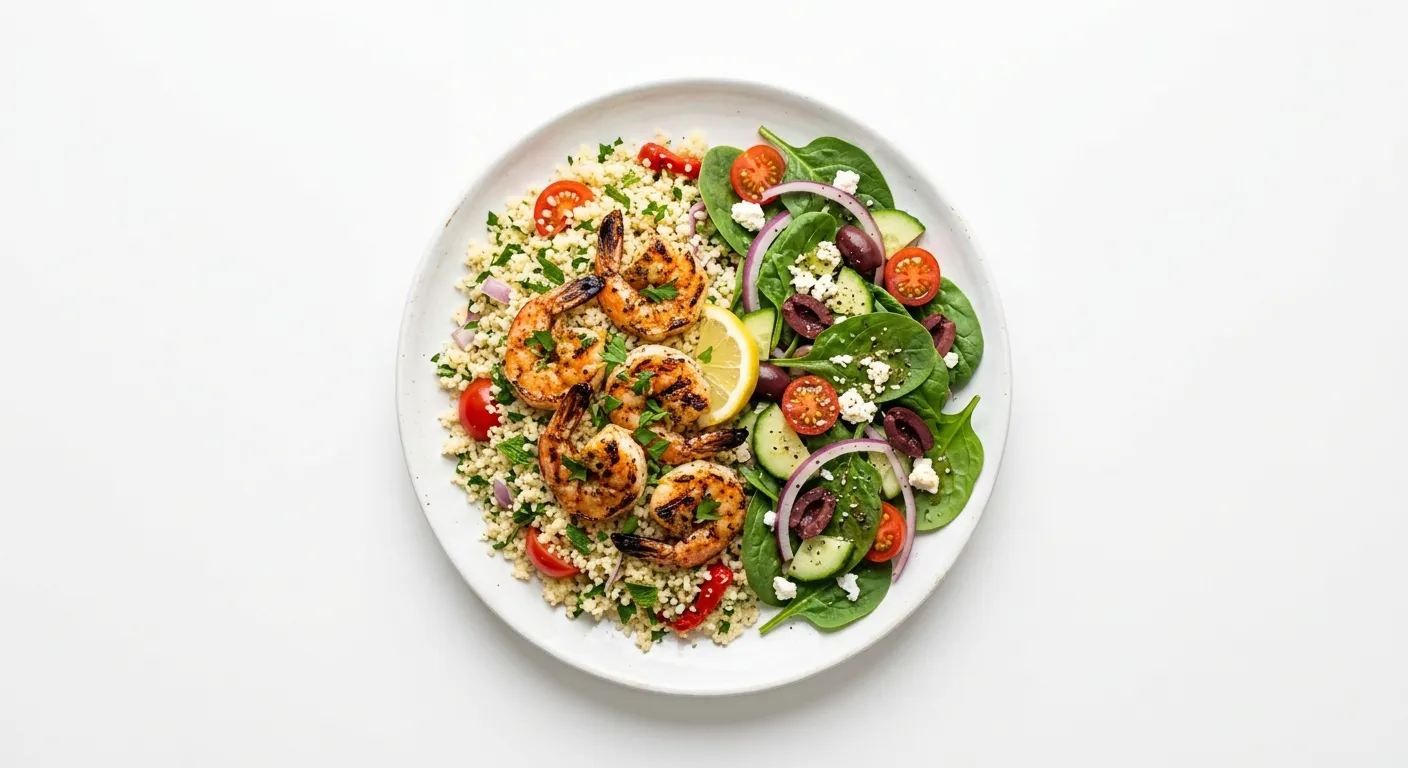 Mediterranean Grilled Shrimp with Couscous and Spinach Salad
