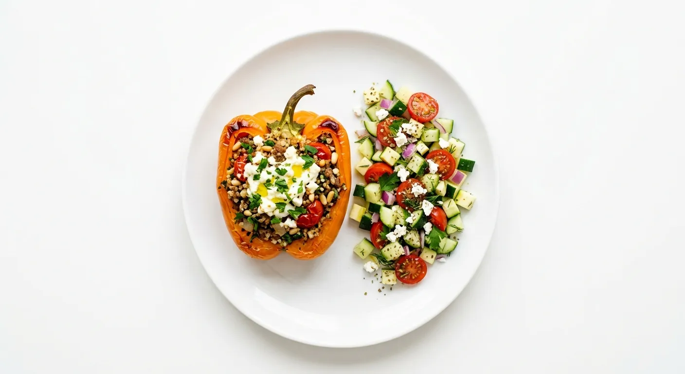 Mediterranean Stuffed Bell Pepper with Cucumber and Zucchini Salad