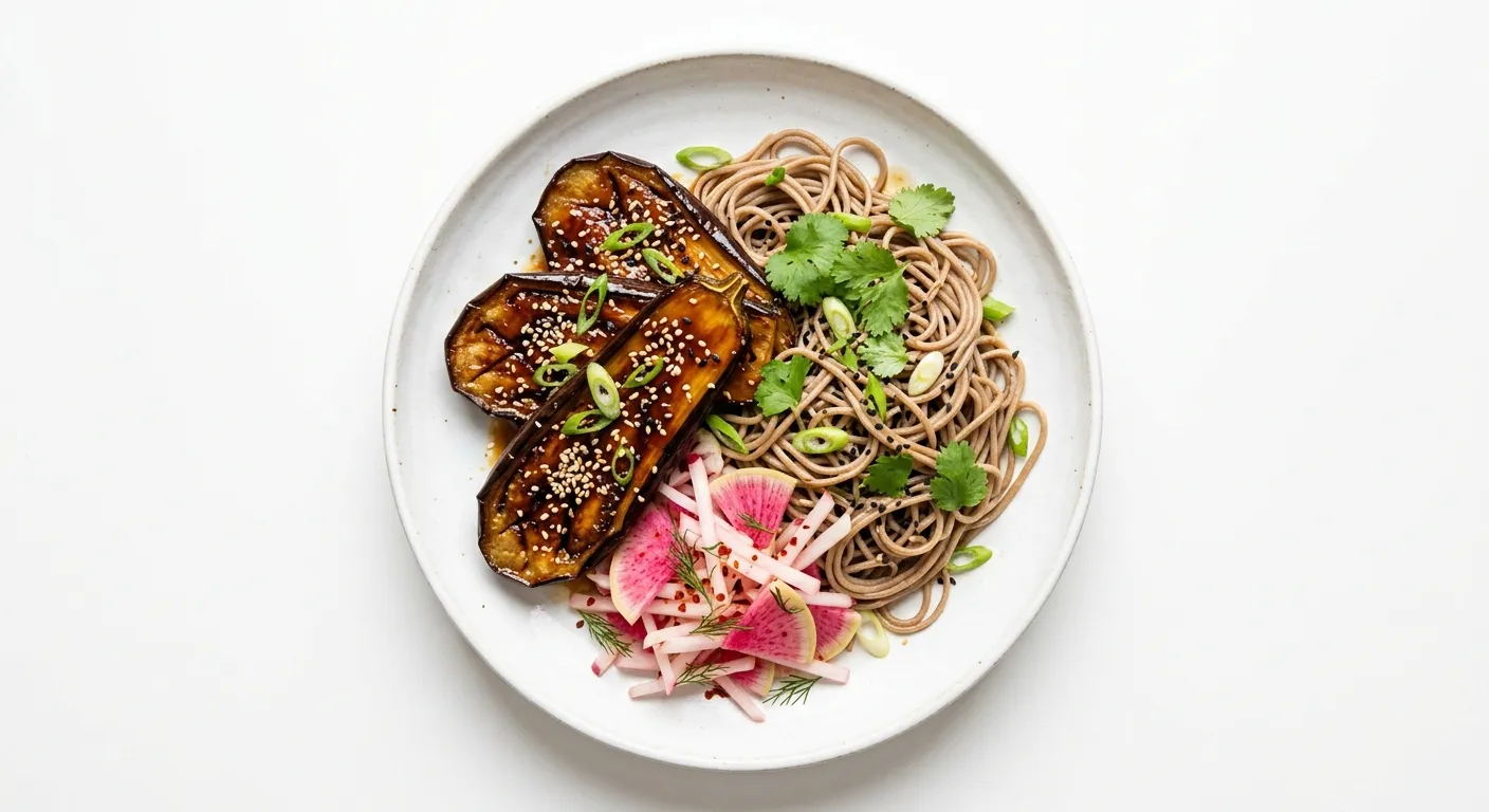 Miso-Glazed Eggplant with Soba Noodles and Pickled Radish