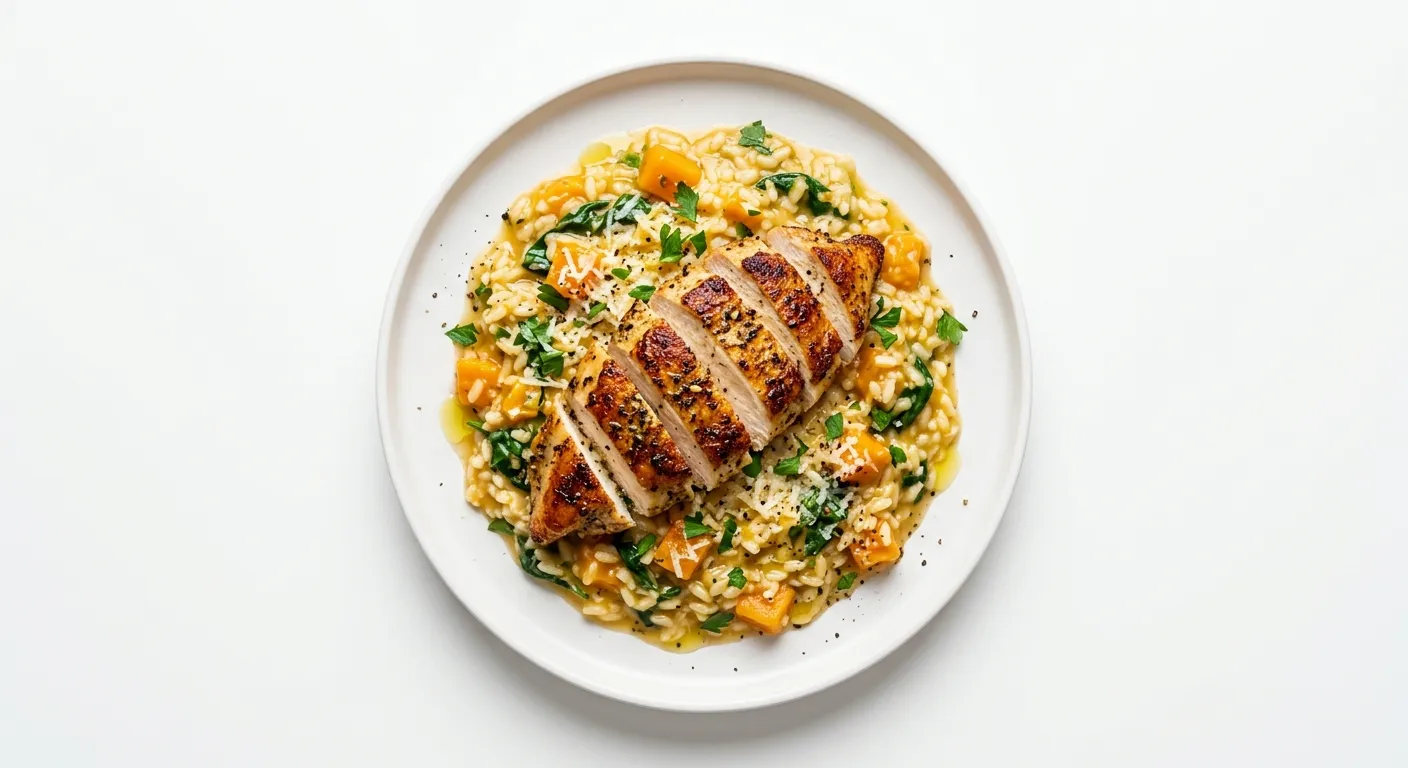 Pan-Seared Chicken with Pumpkin and Spinach Risotto