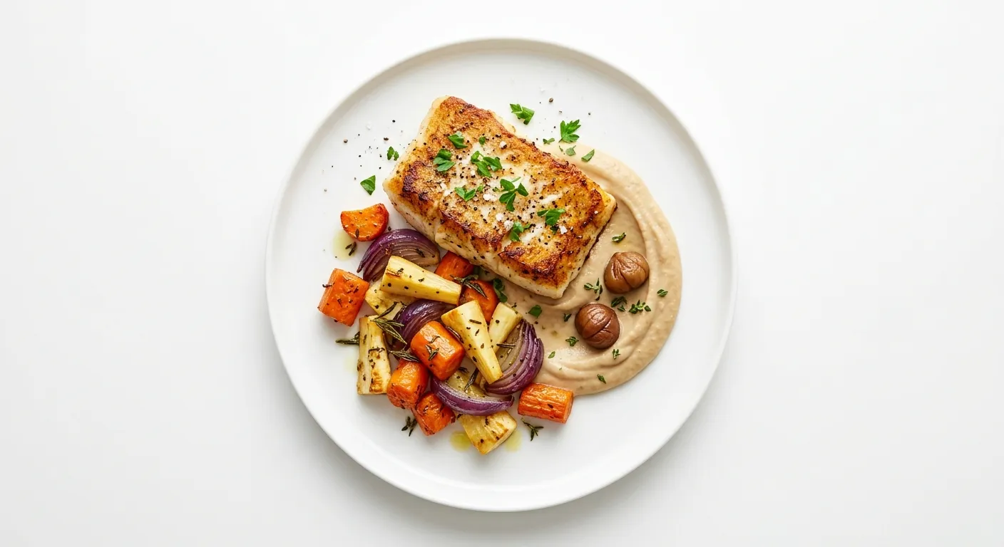 Pan-Seared Cod with Chestnut Puree and Roasted Root Vegetables