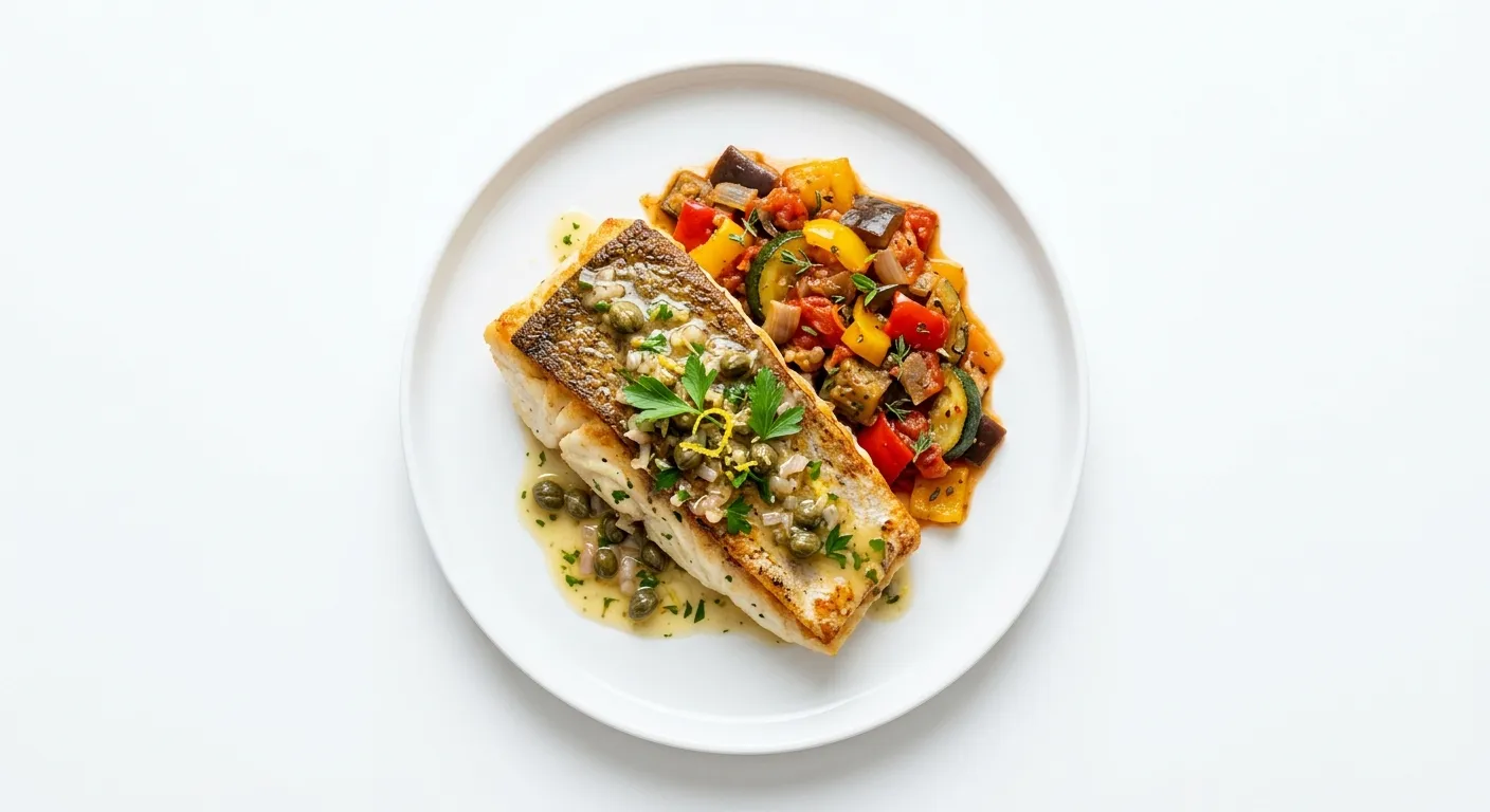 Pan-Seared Cod with Lemon-Caper Sauce and Ratatouille
