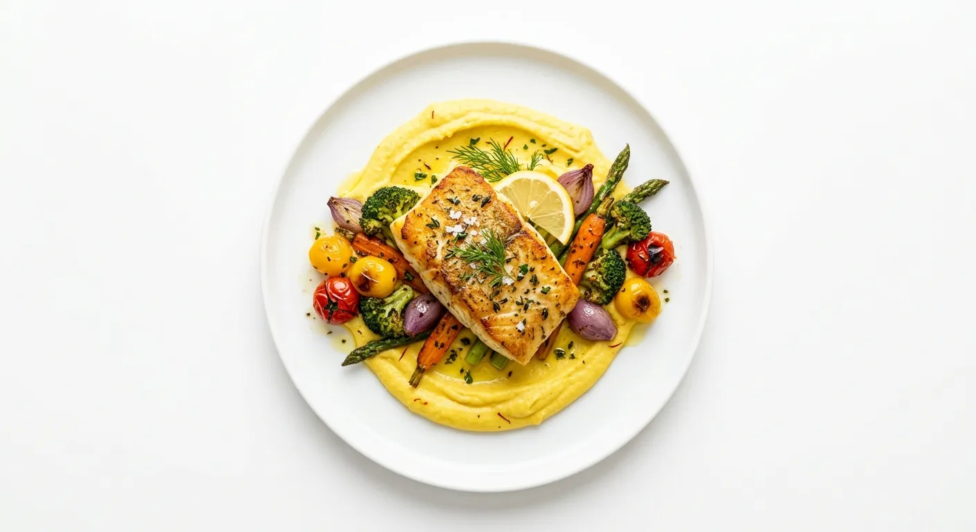 Pan-Seared Cod with Saffron-Infused Cauliflower Purée and Roasted Winter Vegetables