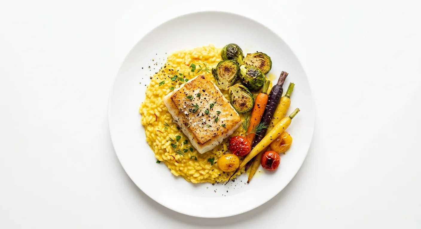 Pan-Seared Cod with Saffron Risotto and Roasted Autumn Vegetables