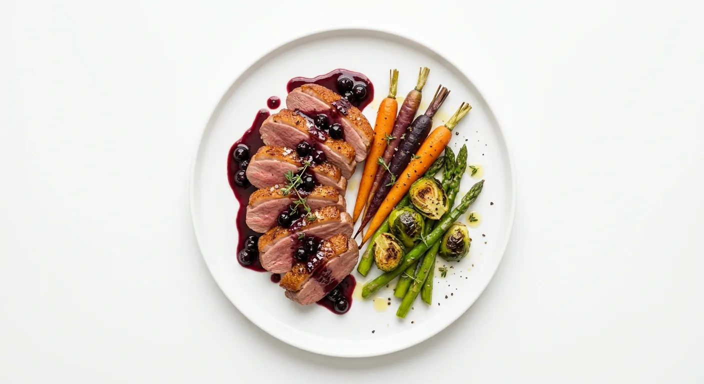 Pan-Seared Duck Breast with Blackcurrant Sauce and Seasonal Vegetables