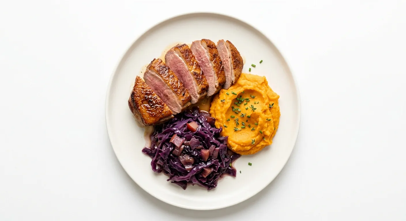 Pan-Seared Duck Breast with Braised Red Cabbage and Sweet Potato Mash