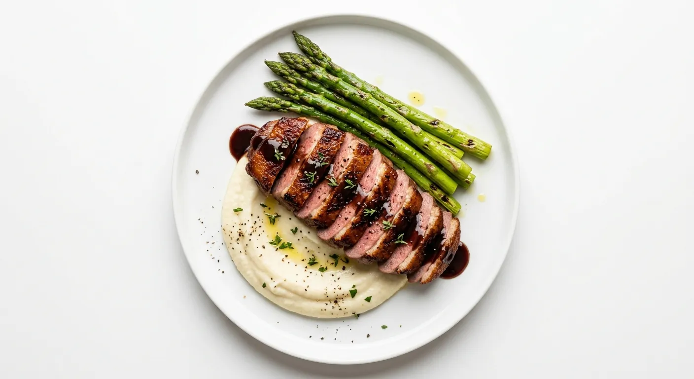 Pan-Seared Duck Breast with Cauliflower Purée and Asparagus