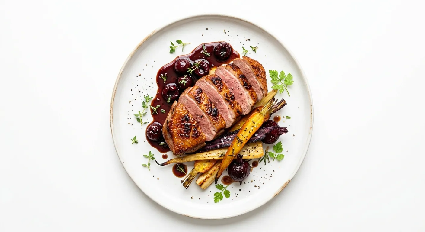 Pan-Seared Duck Breast with Cherry Gastrique and Roasted Root Vegetables