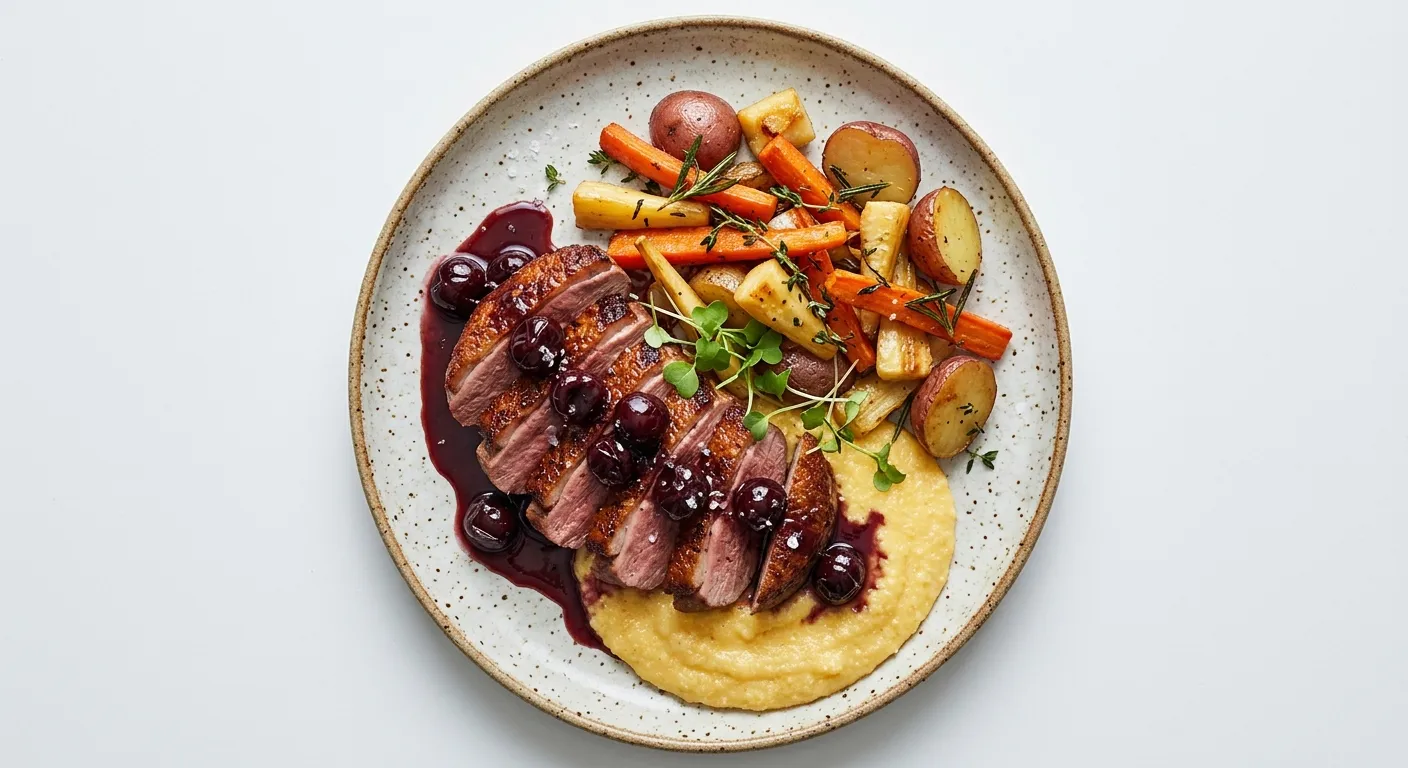 Pan-Seared Duck Breast with Cherry Gastrique and Roasted Vegetables
