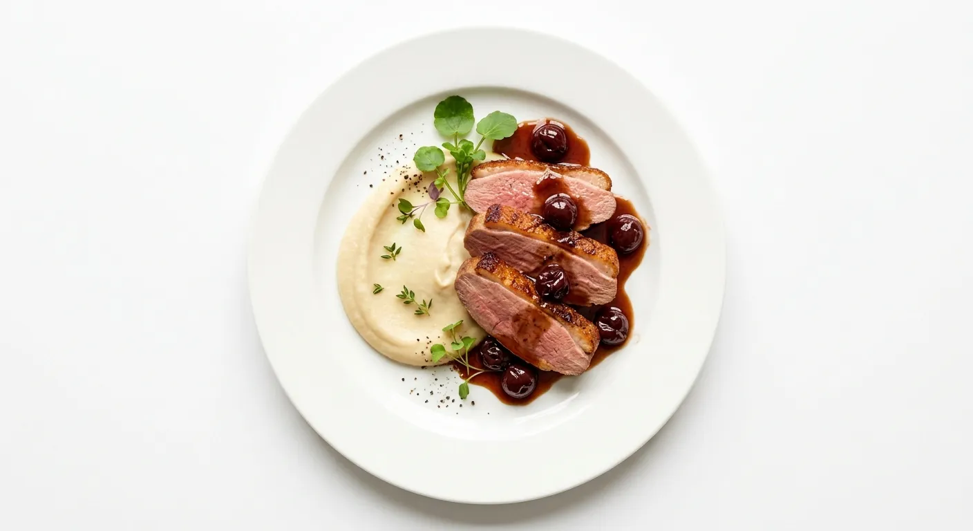 Pan-Seared Duck Breast with Cherry Gastrique and Sunchoke Purée