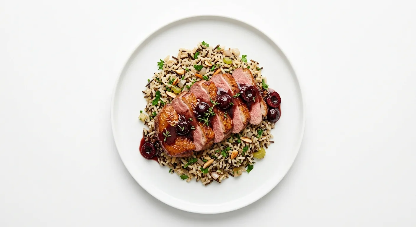 Pan-Seared Duck Breast with Cherry Gastrique and Wild Rice Pilaf