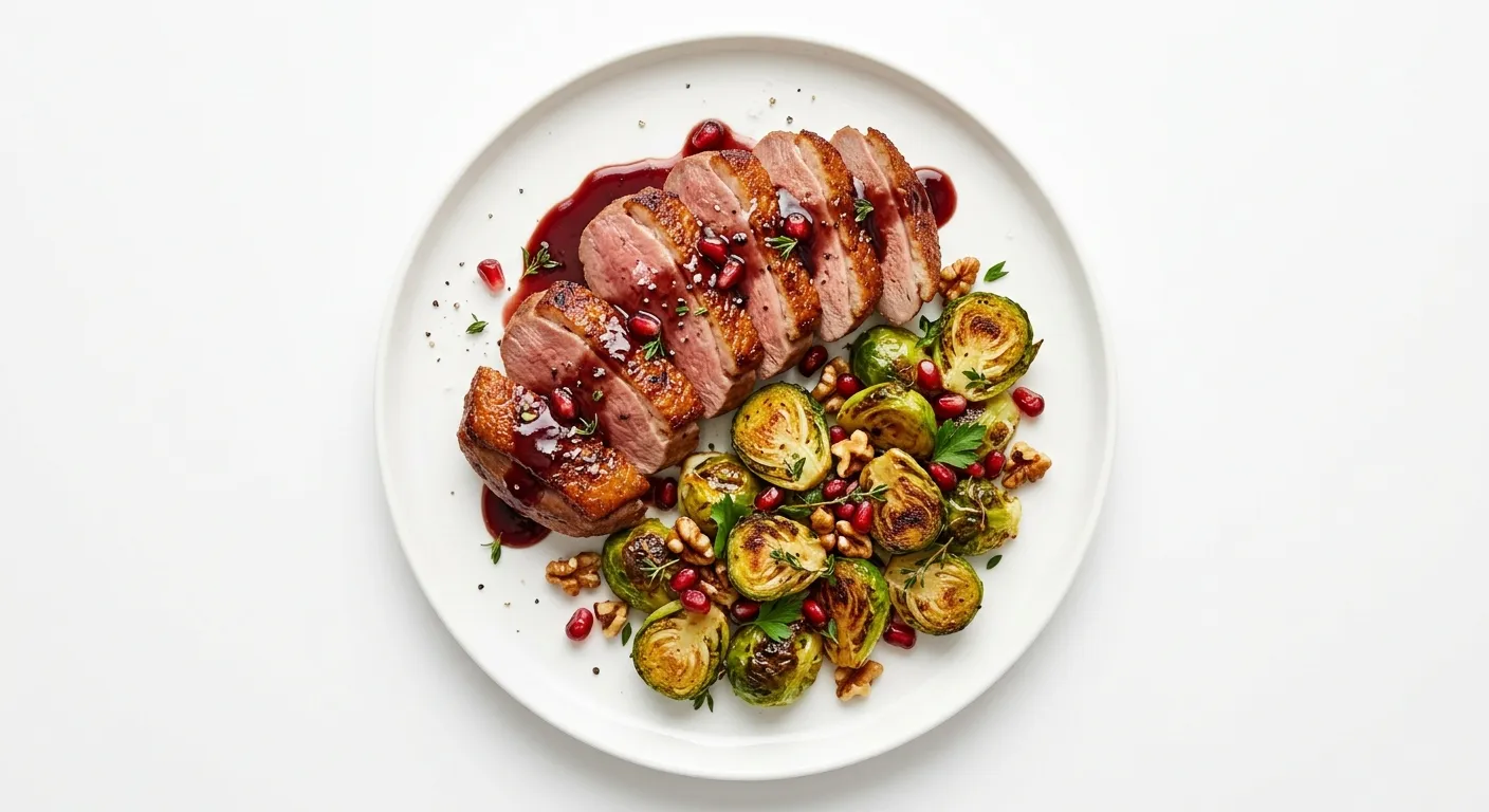 Pan-Seared Duck Breast with Pomegranate Glaze and Roasted Brussels Sprouts