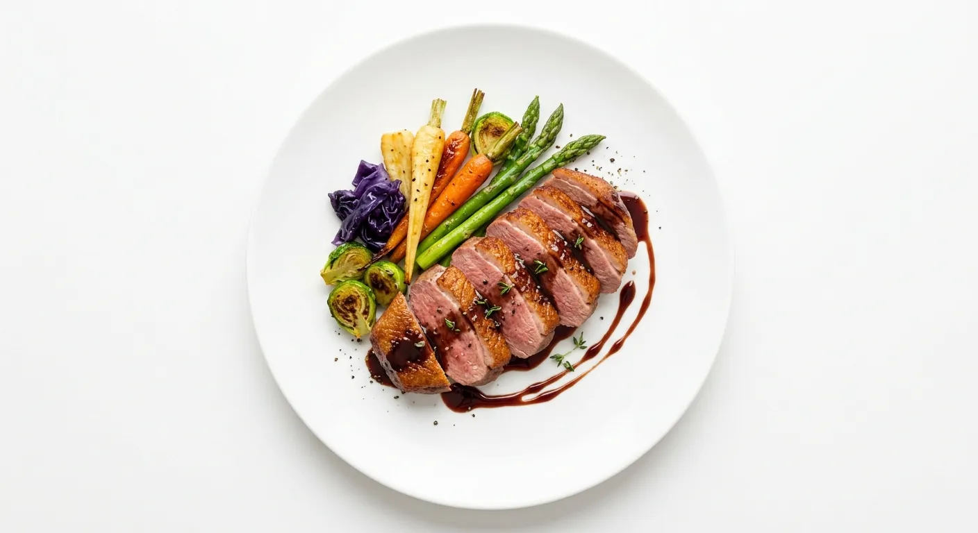 Pan-Seared Duck Breast with Red Wine Reduction and Seasonal Vegetables
