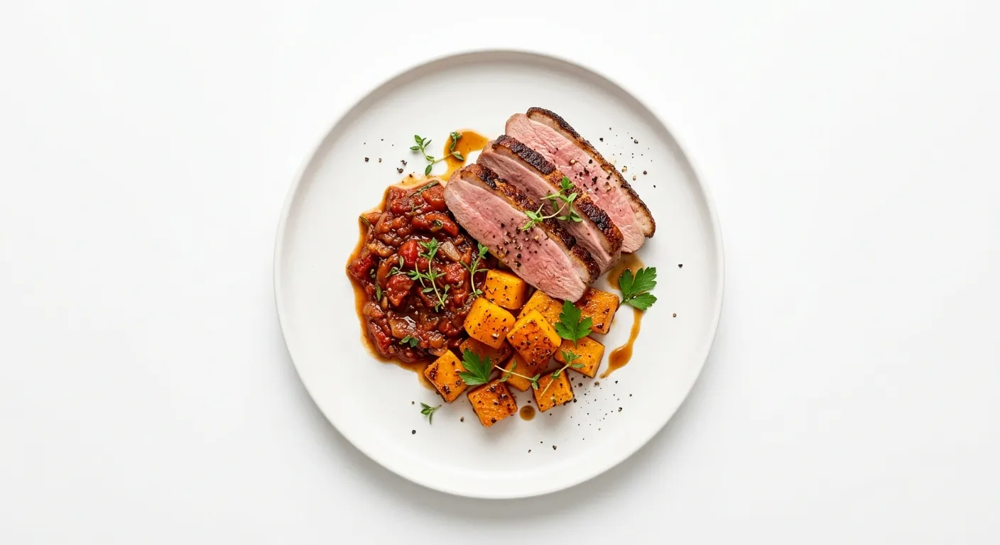 Pan-Seared Duck Breast with Roasted Butternut Squash and Tomato Chutney