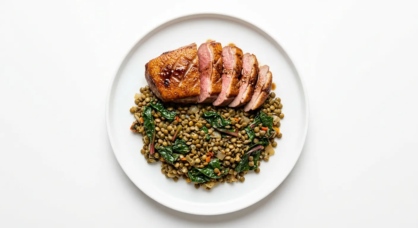 Pan-Seared Duck Breast with Swiss Chard and Lentil Pilaf