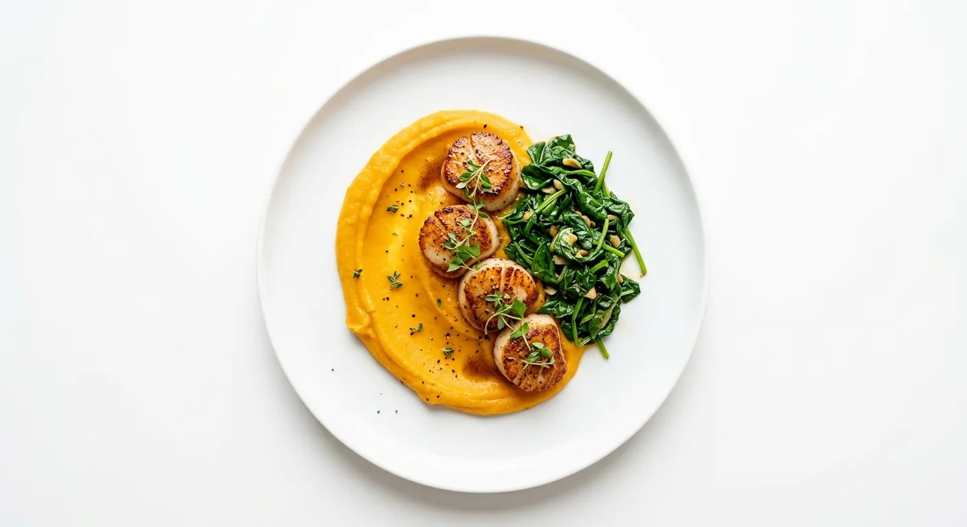 Pan-Seared Scallops with Butternut Squash Purée and Sautéed Spinach