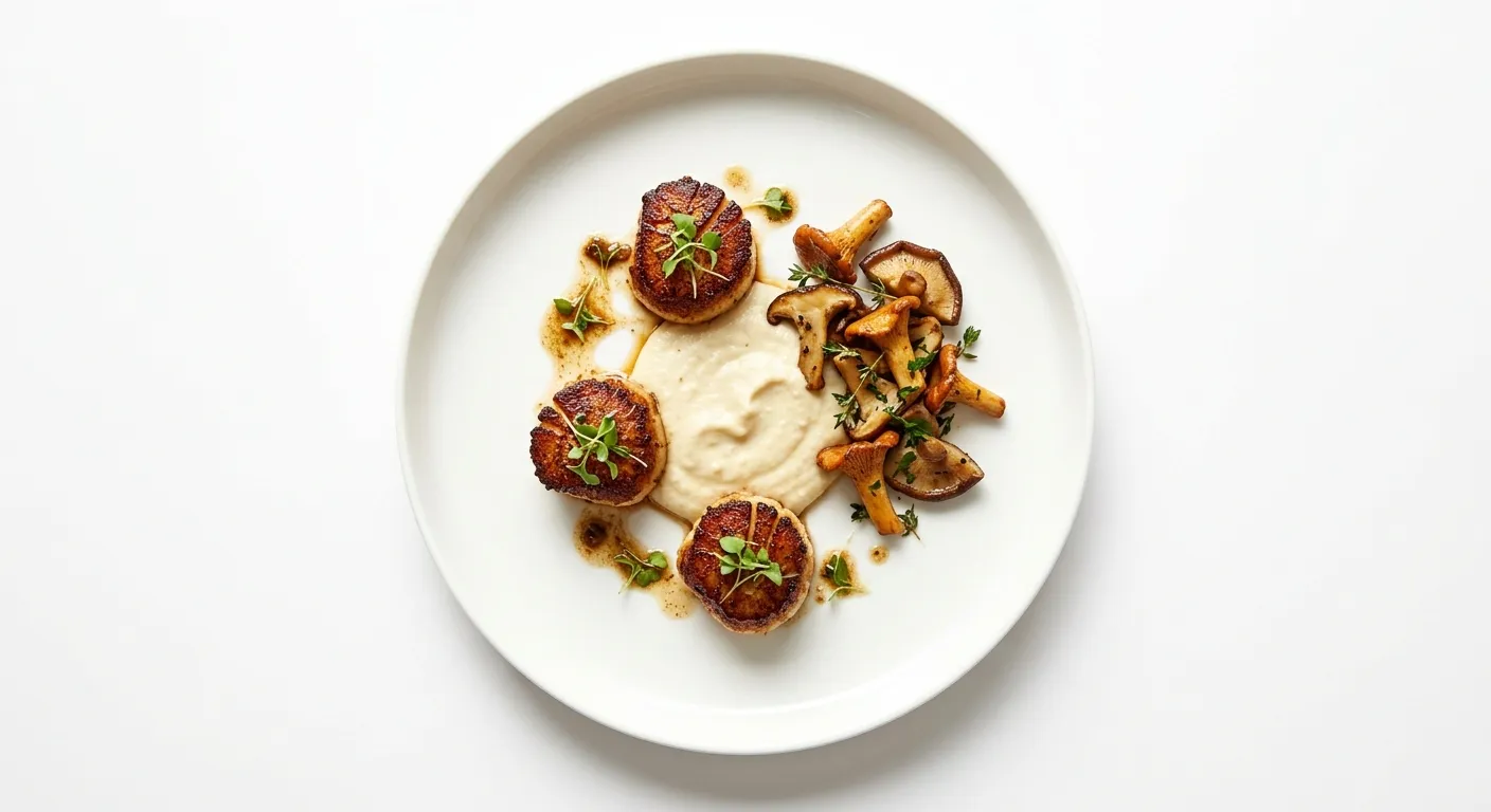 Pan-Seared Scallops with Celeriac Puree and Sautéed Wild Mushrooms