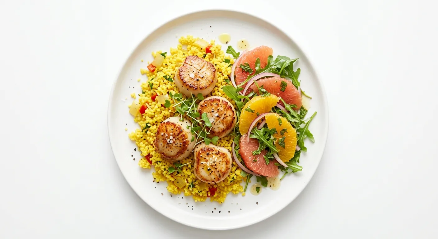 Pan-Seared Scallops with Saffron-Infused Couscous and Citrus Salad