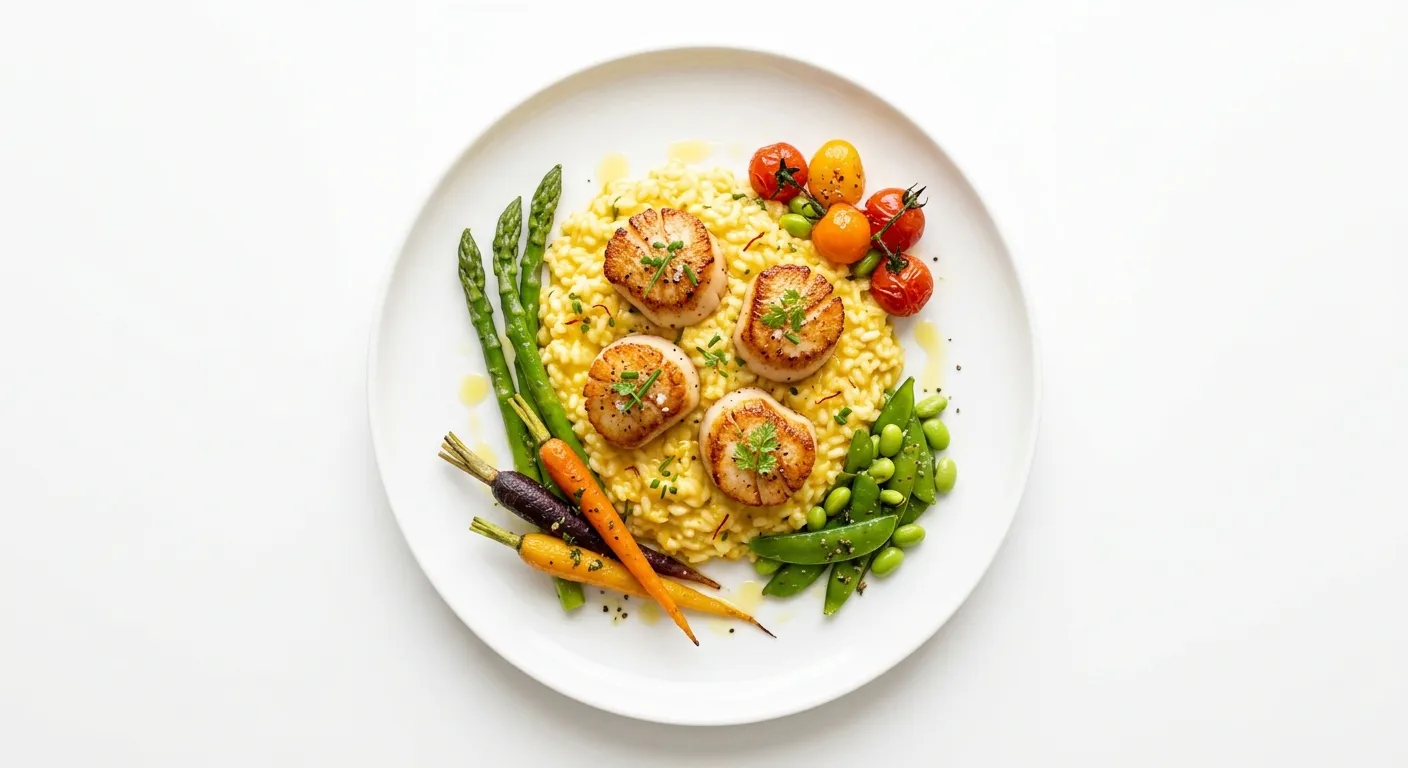 Pan-Seared Scallops with Saffron Risotto and Seasonal Vegetables
