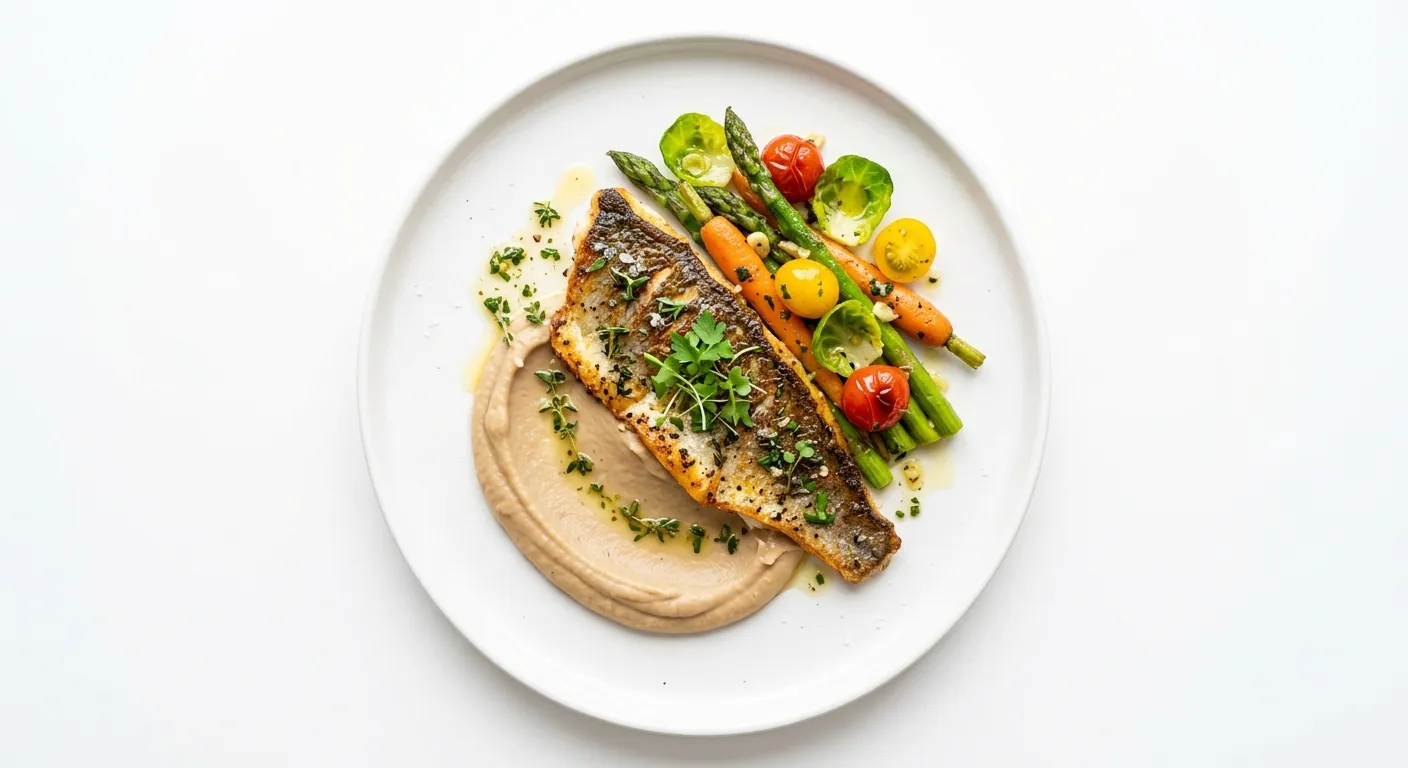 Pan-Seared Sea Bass with Chestnut Purée and Sautéed Autumn Vegetables