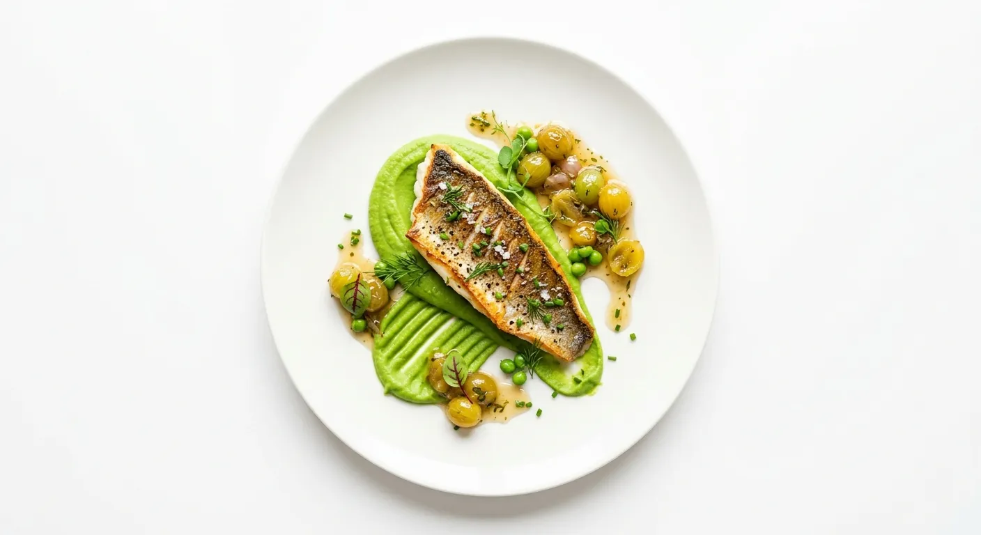 Pan-Seared Sea Bass with Gooseberry and Pea Puree