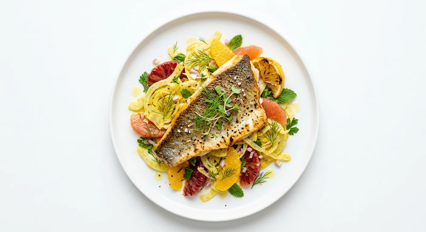 Pan-Seared Sea Bass with Saffron-Infused Fennel and Citrus Salad