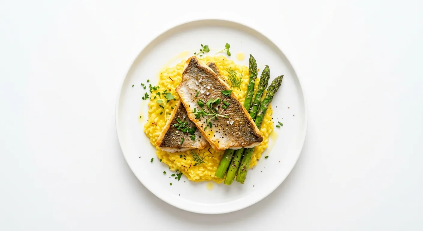 Pan-Seared Sea Bass with Saffron Risotto and Asparagus