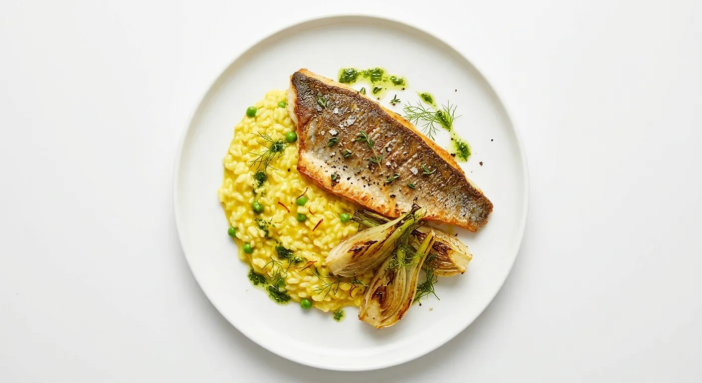 Pan-Seared Sea Bass with Saffron Risotto and Roasted Fennel