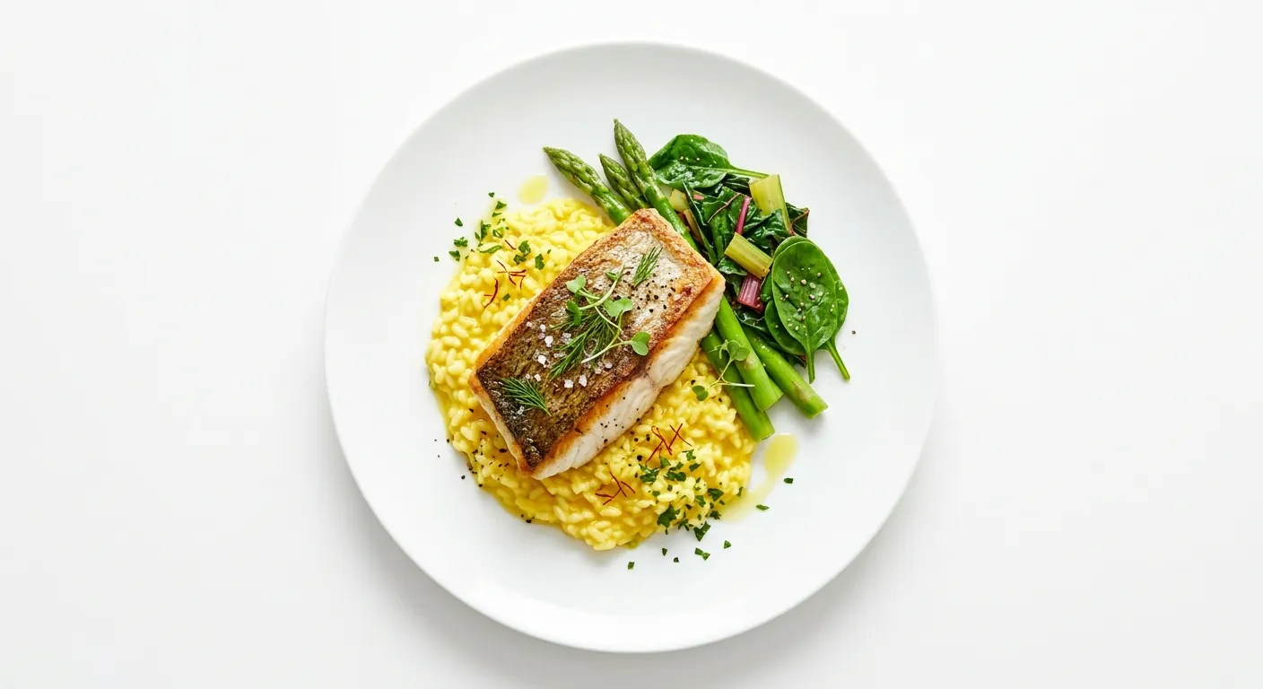 Pan-Seared Sea Bass with Saffron Risotto and Seasonal Greens