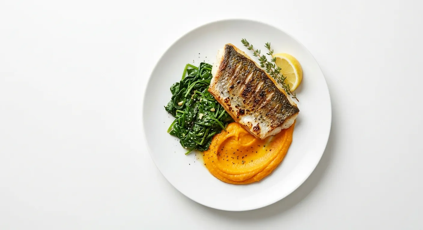Pan-Seared Sea Bass with Sautéed Spinach and Carrot Purée
