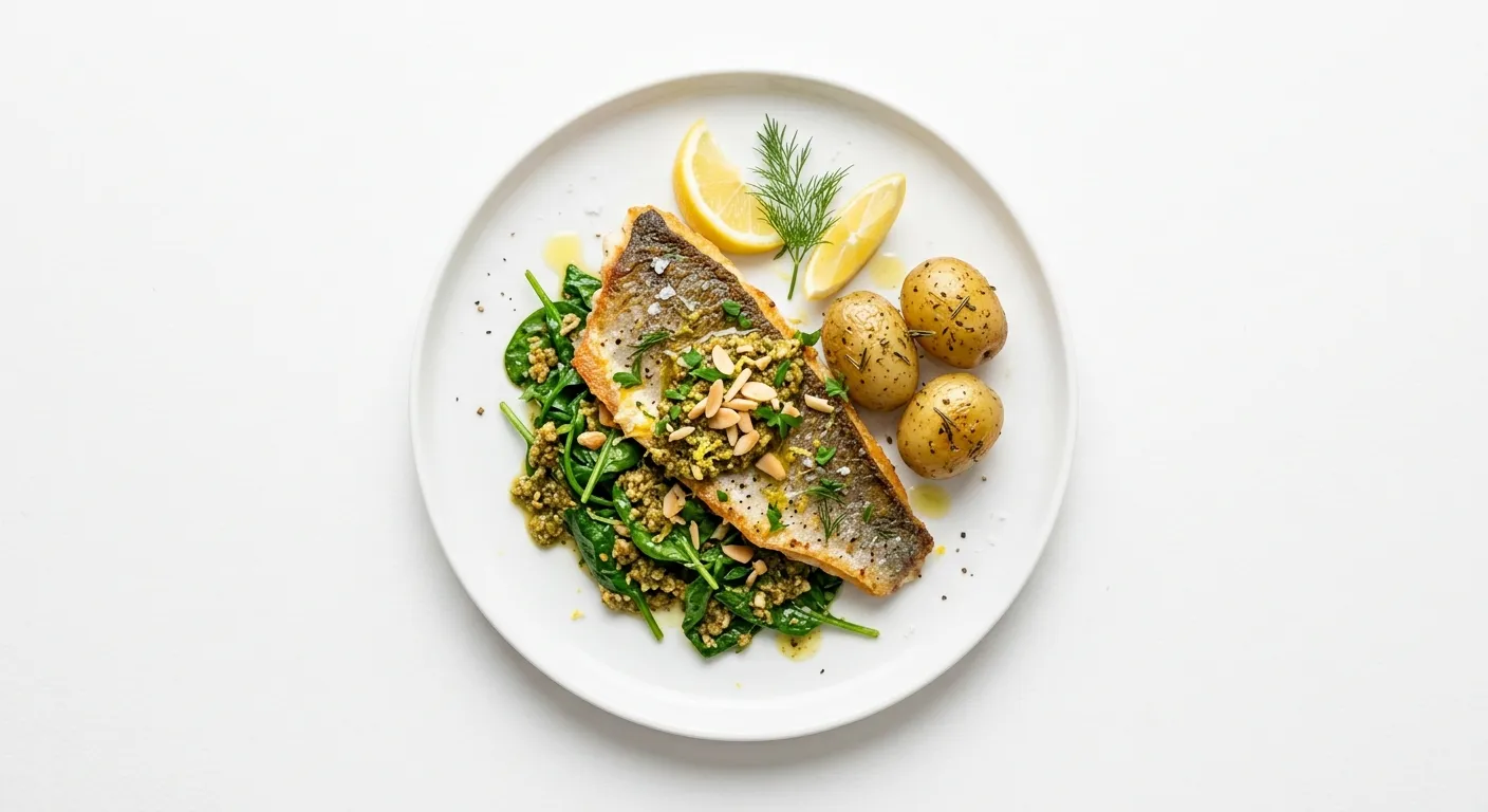 Pan-Seared Sea Bass with Spinach and Almond Pesto