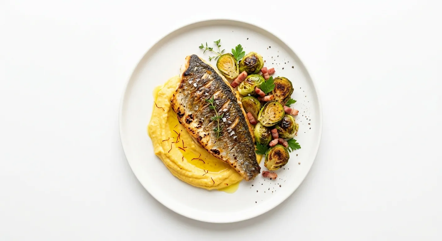 Pan-Seared Sea Bream with Saffron-Infused Cauliflower Puree and Roasted Brussels Sprouts
