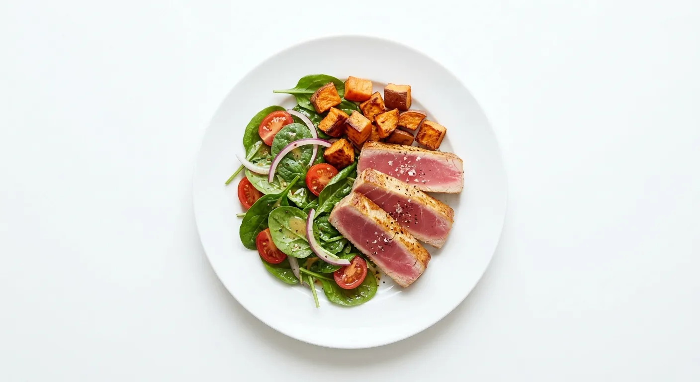 Pan-Seared Tuna with Roasted Sweet Potato and Spinach Salad