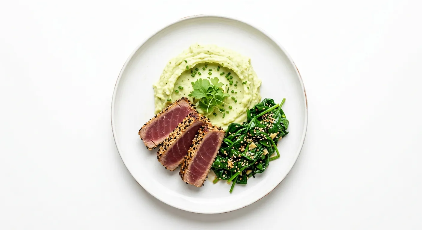 Pan-Seared Tuna with Wasabi Mashed Potatoes and Sesame Spinach