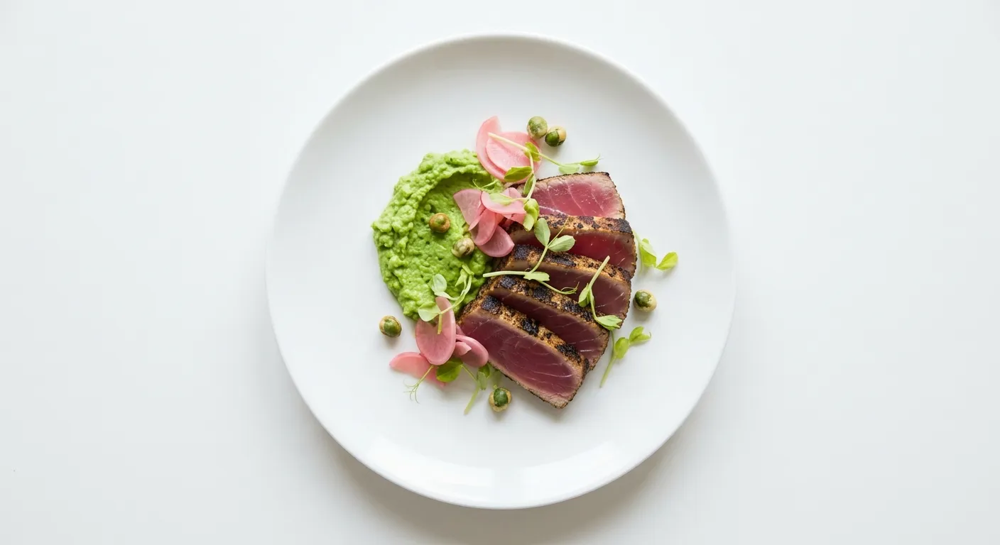 Pan-Seared Tuna with Wasabi Pea Purée and Pickled Radish