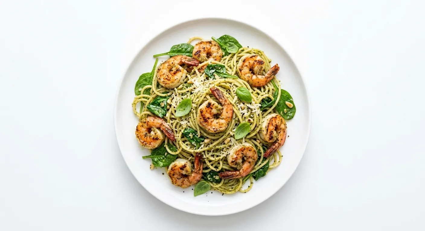 Pesto Pasta with Grilled Shrimp and Spinach