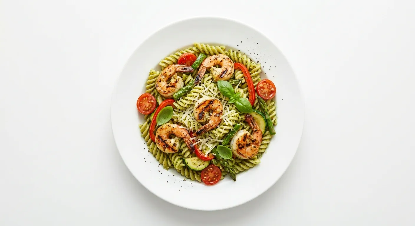 Pesto Pasta with Grilled Shrimp and Vegetables
