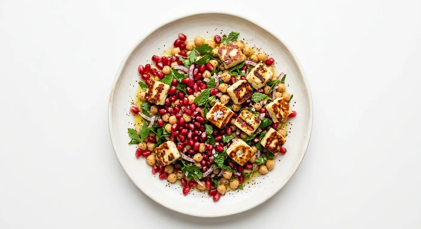 Pomegranate and Chickpea Salad with Grilled Halloumi