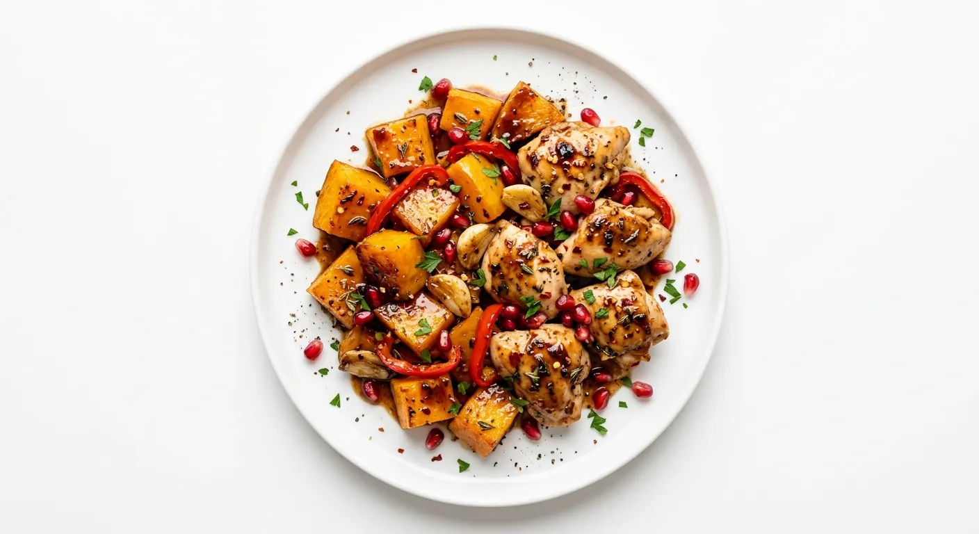 Pomegranate Glazed Butternut Squash with Garlic Reed Pepper Chicken