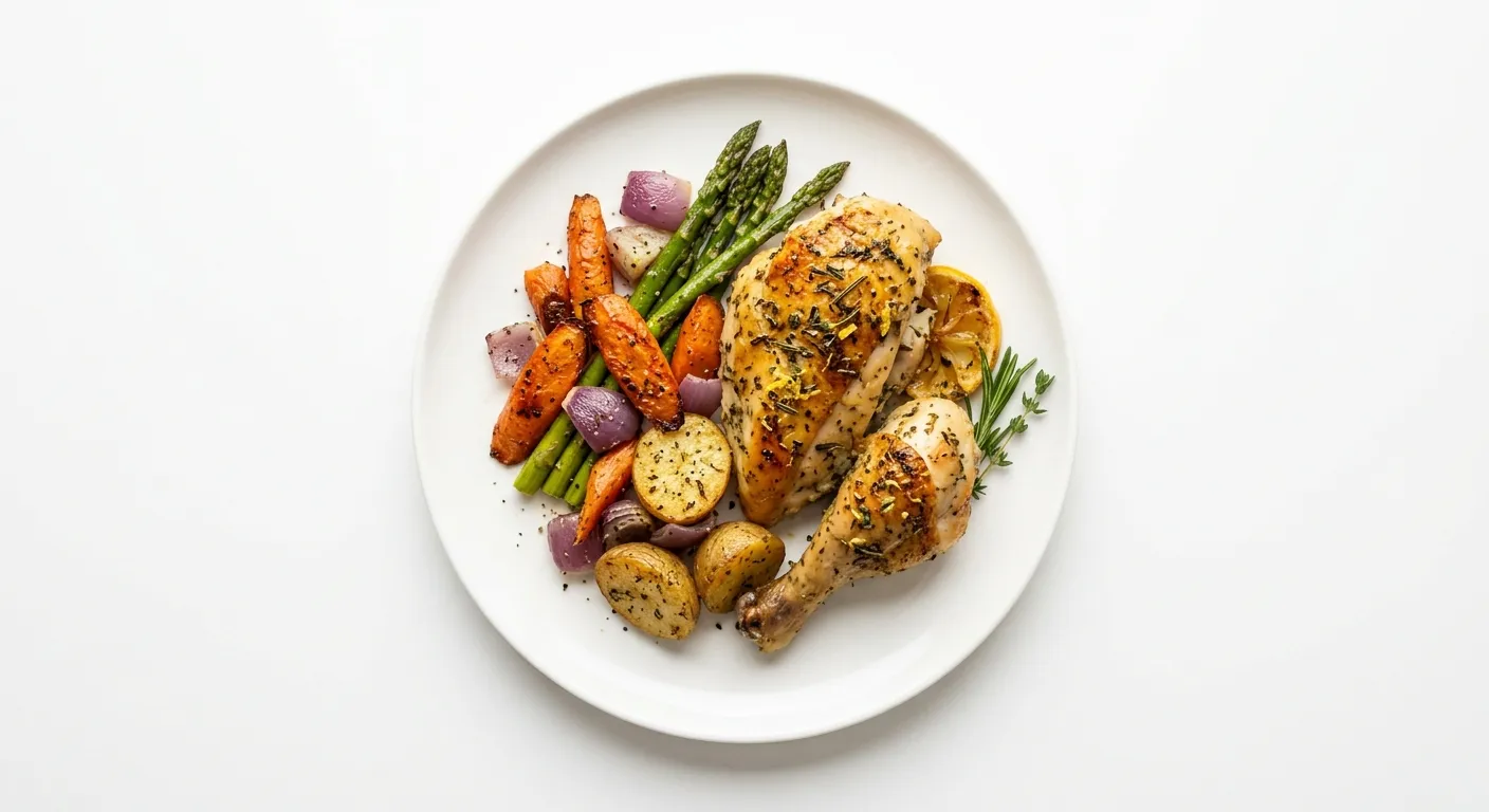 Poulet rôti au citron et herbes avec légumes rôtis