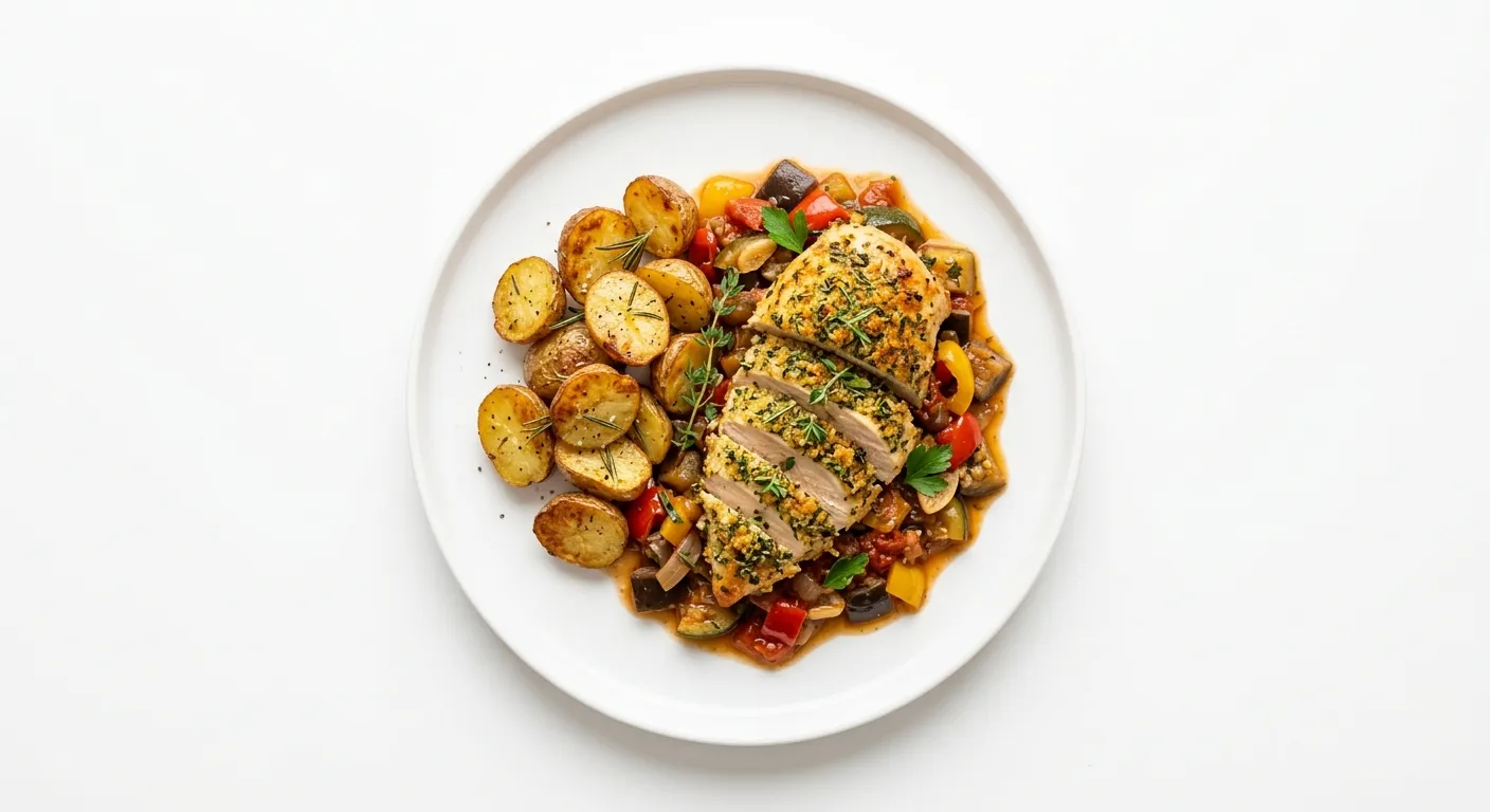 Provencal Herb-Crusted Chicken with Ratatouille and Roasted Potatoes