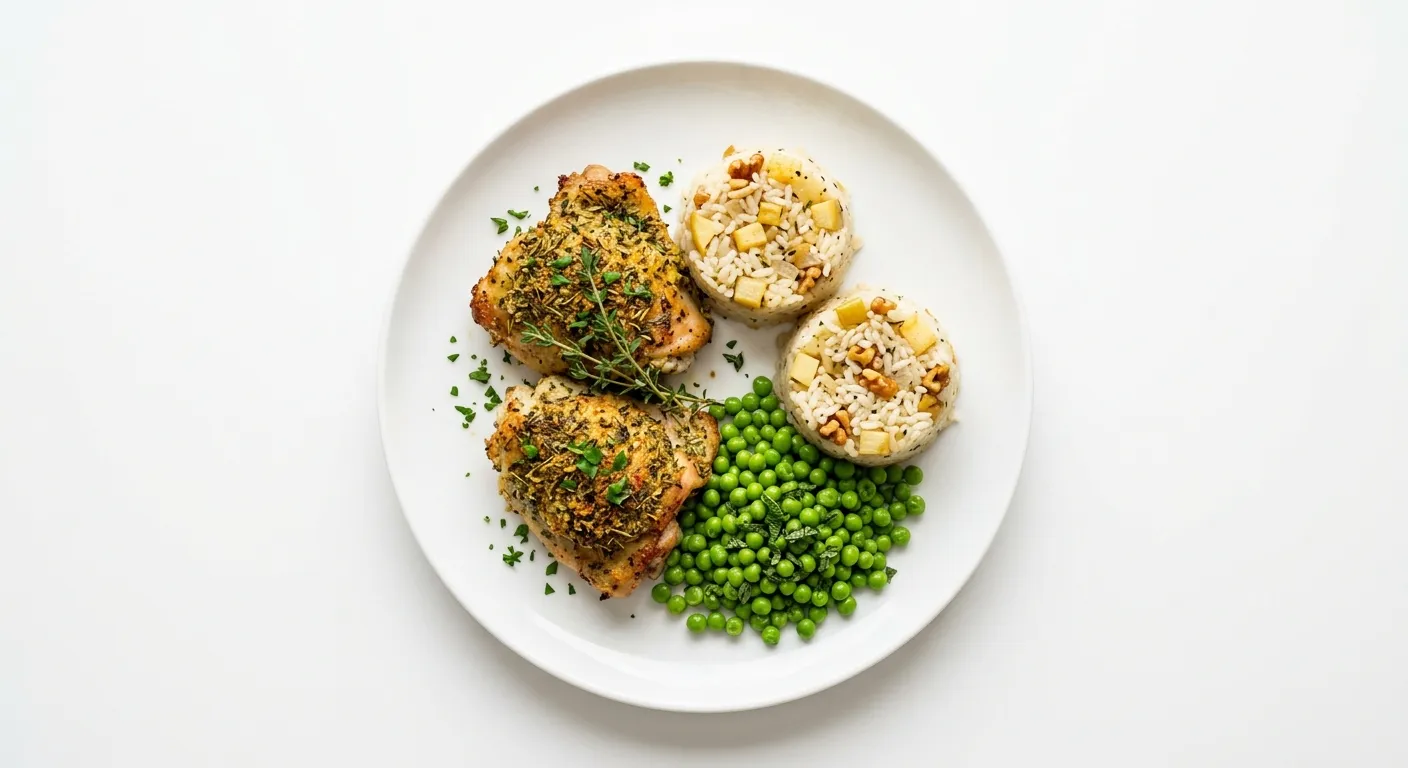 Provencal Herb-Crusted Chicken with Tinned Peas and Apple Rice Cups