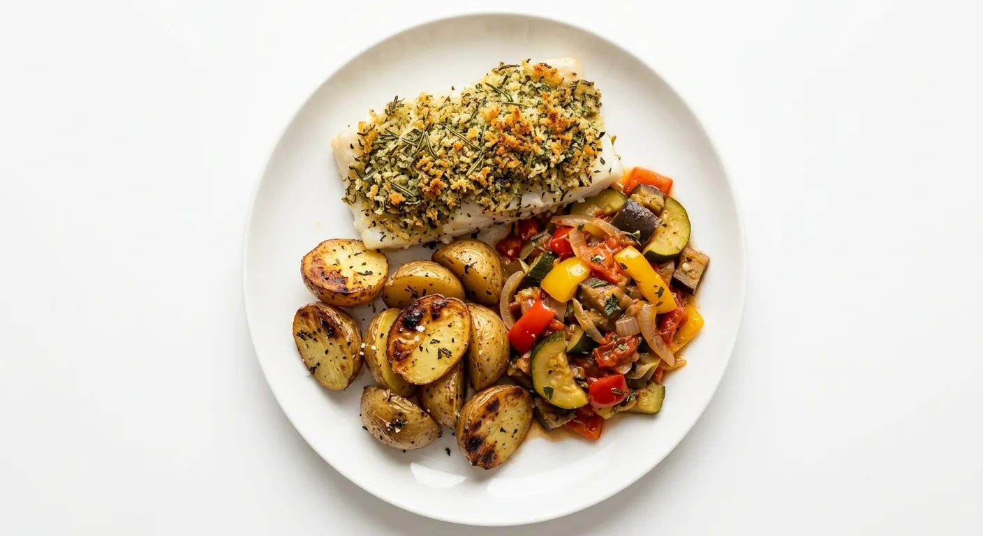 Provencal Herb-Crusted Cod with Roasted Potatoes and Ratatouille