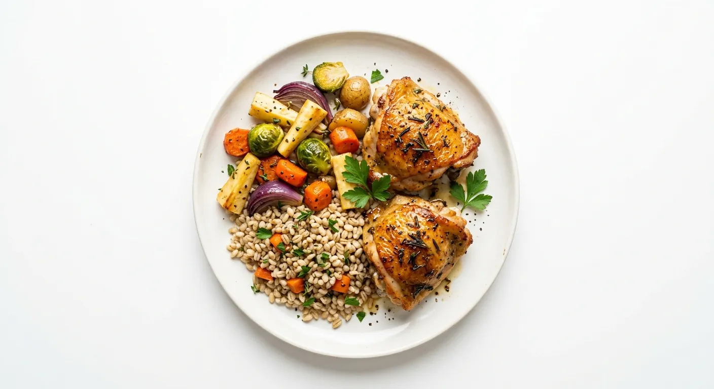Roasted Chicken Thighs with Autumn Vegetables and Barley