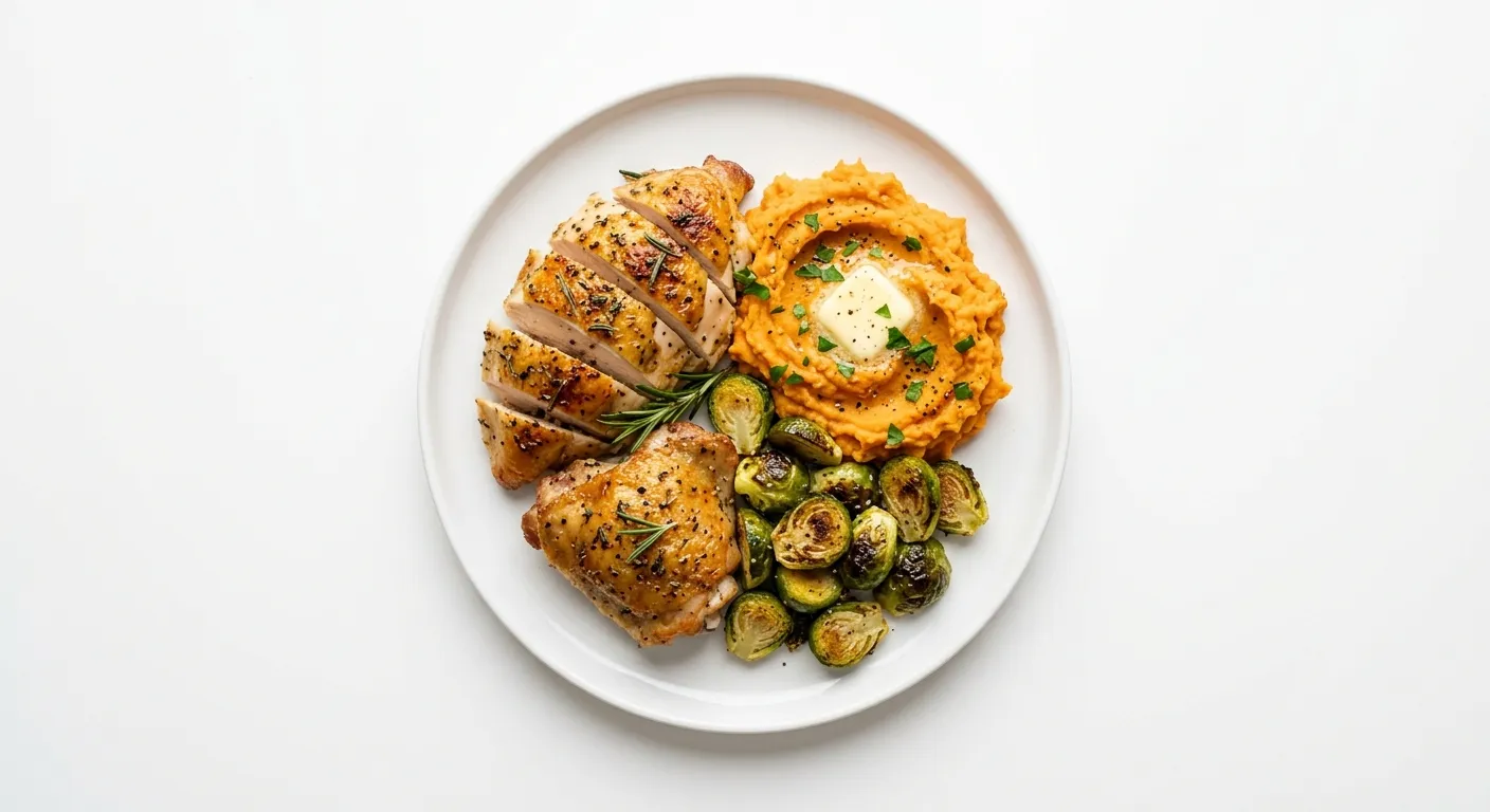 Roasted Chicken with Brussels Sprouts and Sweet Potato Mash