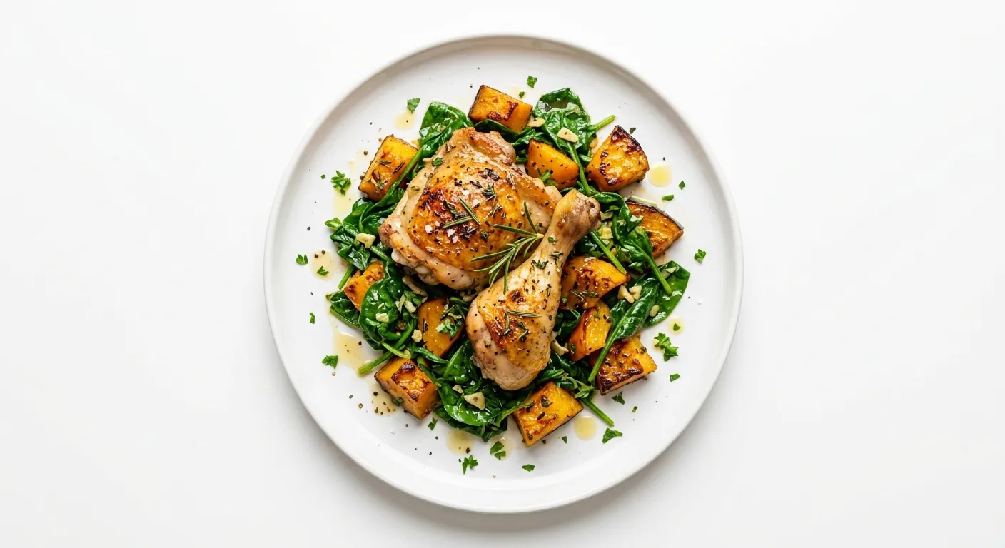 Roasted Chicken with Pumpkin and Spinach