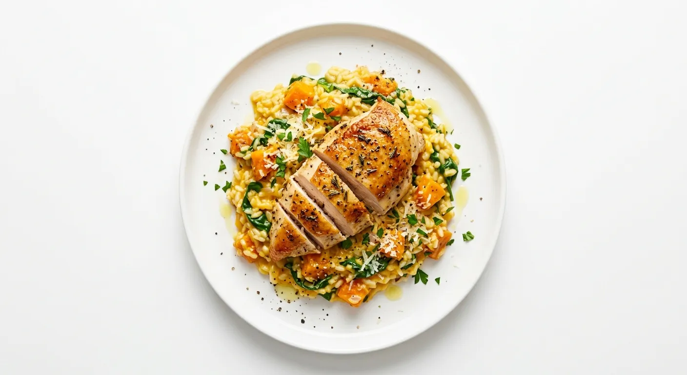 Roasted Chicken with Pumpkin and Spinach Risotto