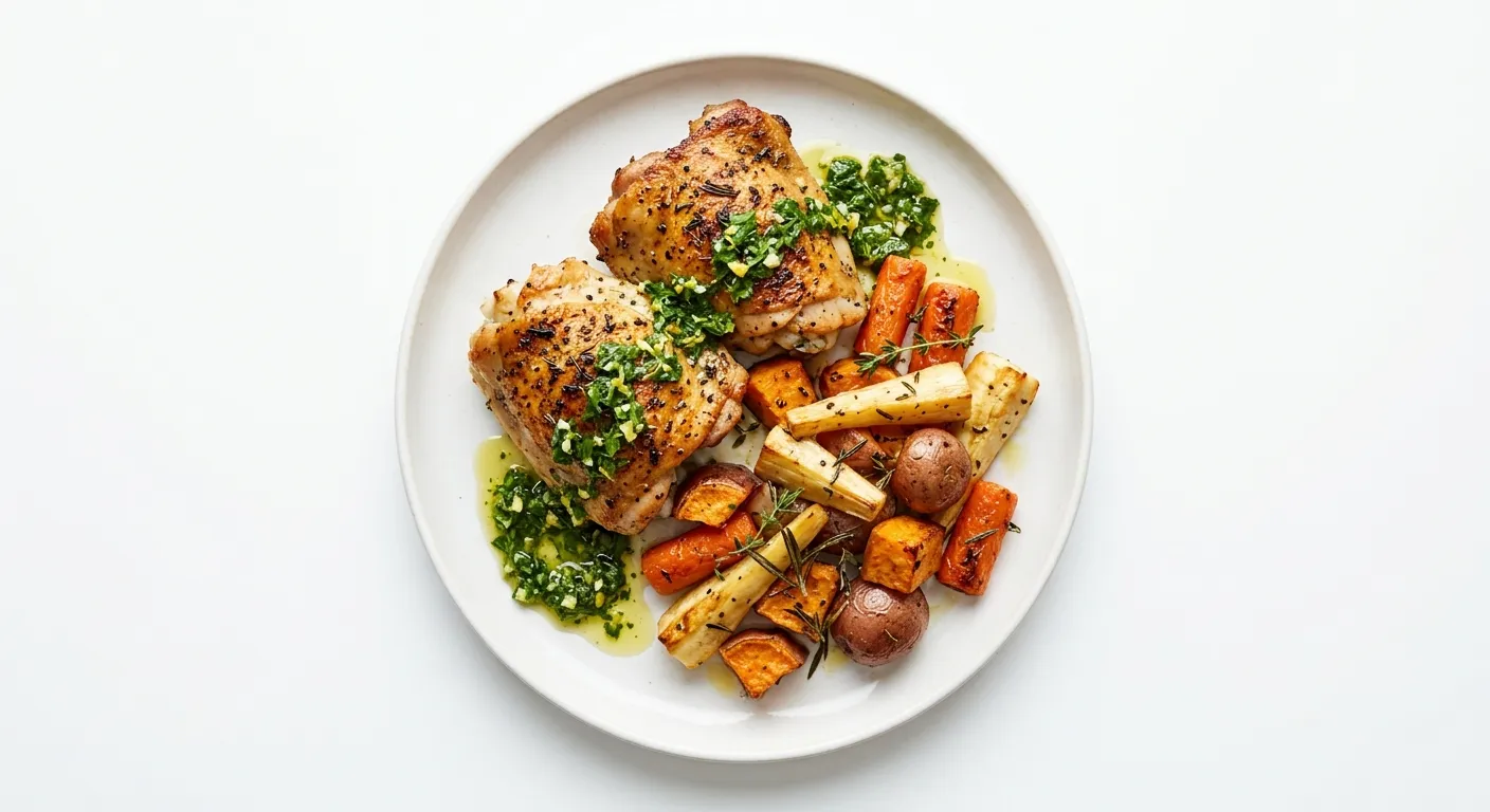 Roasted Chicken with Autumn Root Vegetables and Herb Sauce
